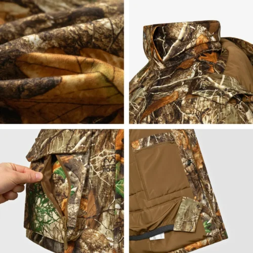 Close up details of insulated hunting jacket including camouflage fabric texture, high collar design, zipper closure and functional pockets, emphasizing warmth and durability for winter hunting jackets.