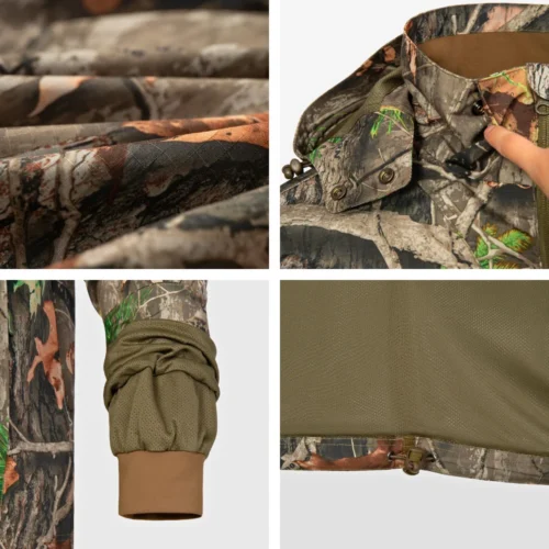 Close up view of waterproof hunting jacket fabric and construction details, emphasizing water resistant material and durable design for rainy hunting conditions.