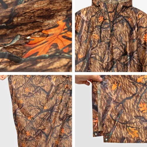 Close up view of hunting raincoat camouflage fabric, showing lightweight waterproof material designed to provide rain protection in outdoor hunting environments.
