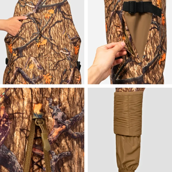 Detail view of hunting overalls pocket and zipper design, offering secure storage and convenient access for essential gear during hunting.