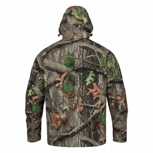 Back view of waterproof hunting jacket showing full camouflage coverage and protective outer shell, designed for wet weather hunting and outdoor environments.
