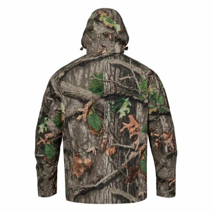 Back view of waterproof hunting jacket showing full camouflage coverage and protective outer shell, designed for wet weather hunting and outdoor environments.
