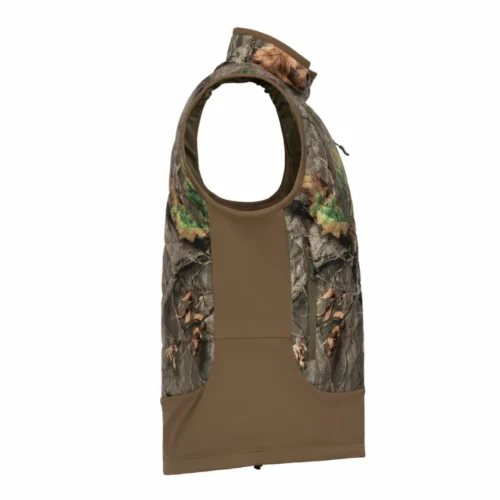 Side view of a camouflage hunting vest featuring a sleeveless design for enhanced mobility and layering during outdoor hunting activities.