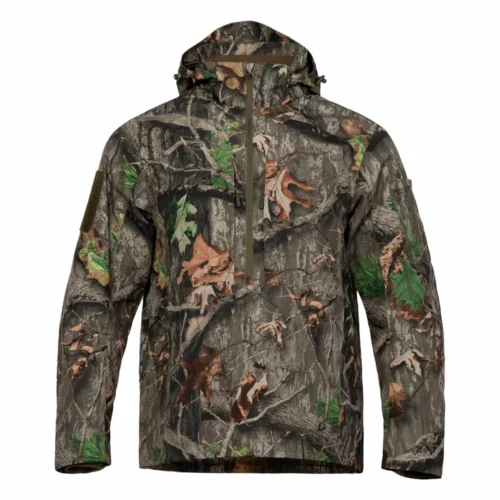 Waterproof hunting jacket with hooded design and full camouflage pattern, providing rain protection and wind resistance for hunting and outdoor activities, suitable for OEM and bulk production.