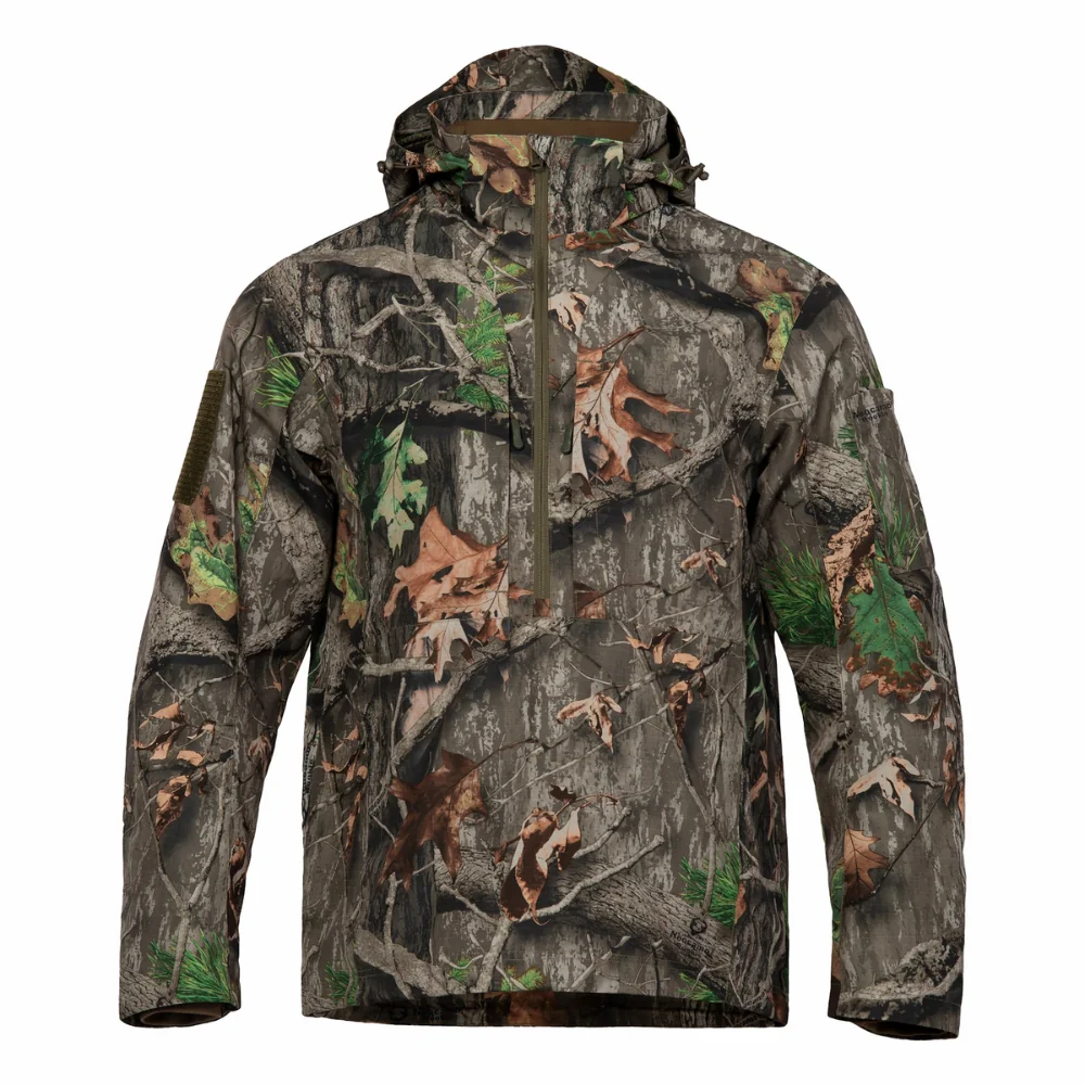 Waterproof hunting jacket with hooded design and full camouflage pattern, providing rain protection and wind resistance for hunting and outdoor activities, suitable for OEM and bulk production.