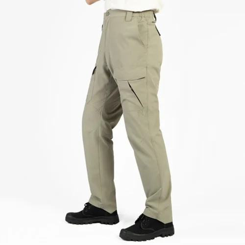 Side view of lightweight tactical pants in light army green, designed for mobility, breathable fabric performance, and professional tactical or outdoor environments.