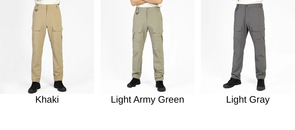 Color options of lightweight tactical pants including khaki, light gray, and light army green, suitable for OEM production and tactical or outdoor workwear brands.