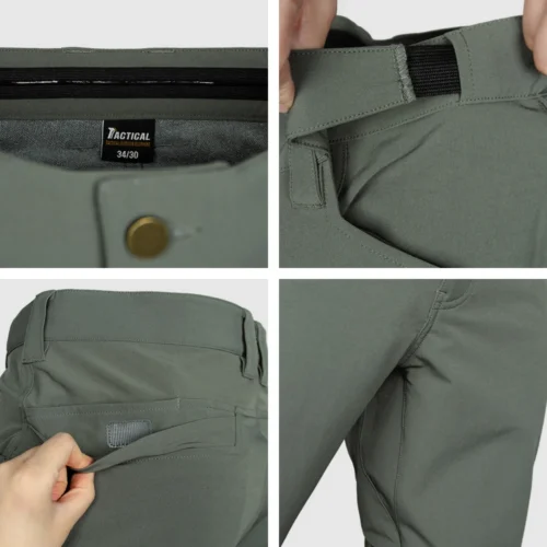 Close-up details of outdoor pants showing stretch fabric texture, reinforced stitching, and ergonomic waistband design for comfort and durability.