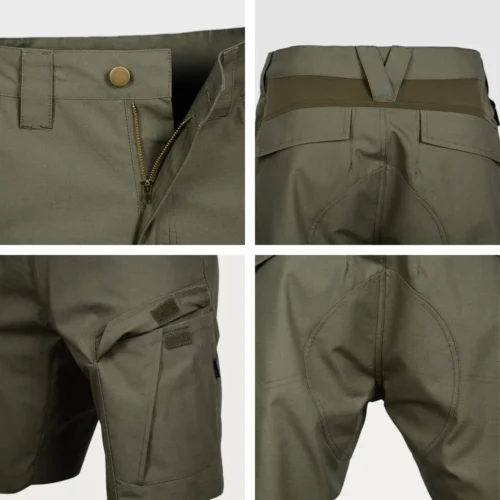 Close-up of tactical shorts waistband and fly area, showing secure button closure, reinforced stitching, and ergonomic waist construction.