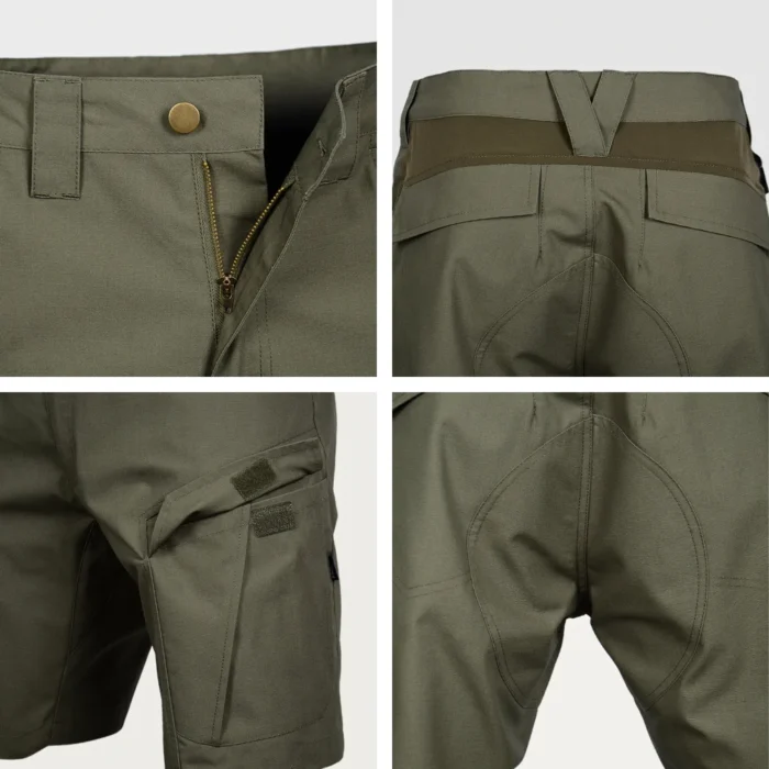 Close-up of tactical shorts waistband and fly area, showing secure button closure, reinforced stitching, and ergonomic waist construction.