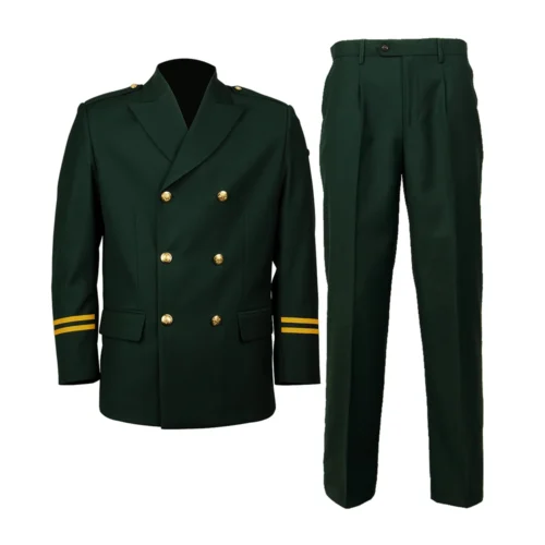 Dark green security officer uniform set featuring a double breasted formal jacket and matching trousers, designed for corporate security teams, property management and official security services.