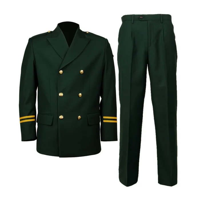 Security Officer Uniform Set Dark Green Double Breasted Jacket and Trousers Dark green security officer uniform set featuring a double breasted formal jacket and matching trousers, designed for corporate security teams, property management and official security services.