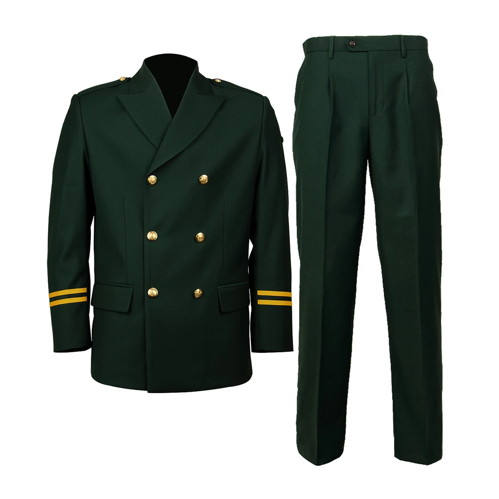 Dark green security officer uniform set featuring a double breasted formal jacket and matching trousers, designed for corporate security teams, property management and official security services.