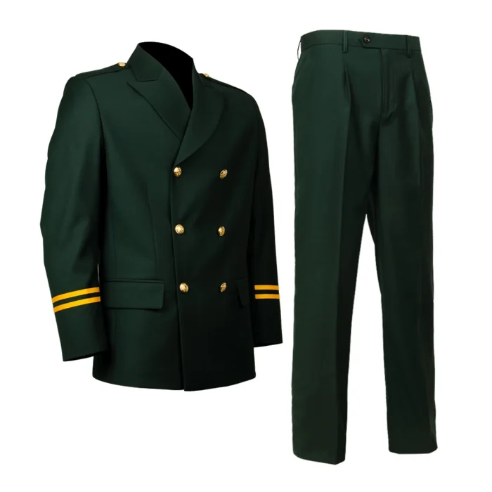 Formal security officer uniform shown in side angle view, including tailored double breasted jacket and straight leg trousers, suitable for professional security officers and ceremonial duties.