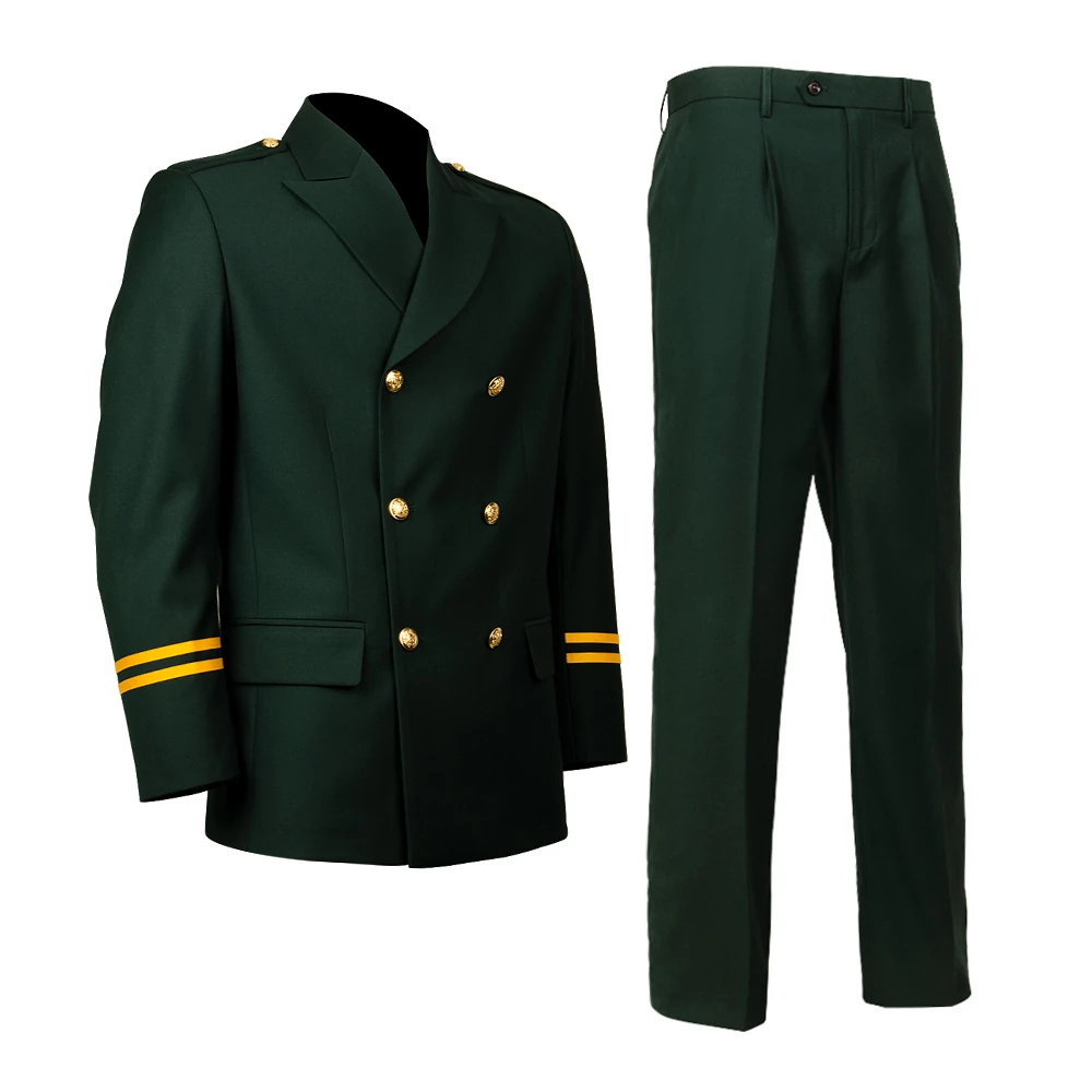 Formal security officer uniform shown in side angle view, including tailored double breasted jacket and straight leg trousers, suitable for professional security officers and ceremonial duties.