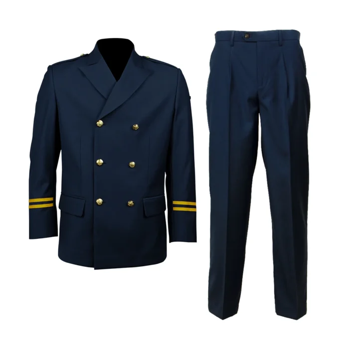 Complete security officer uniform set including navy blue jacket and matching pants, designed for corporate, government and facility security services.