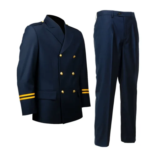 Complete security officer uniform set including navy blue jacket and matching pants, designed for corporate, government and facility security services.