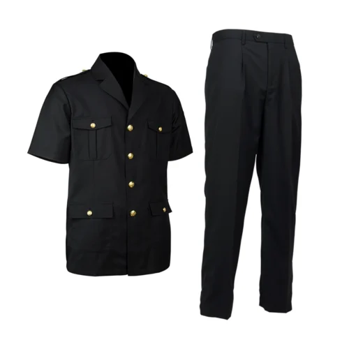 Black short sleeve security guard uniform set including shirt and trousers, designed for daily security duty and team uniforms.