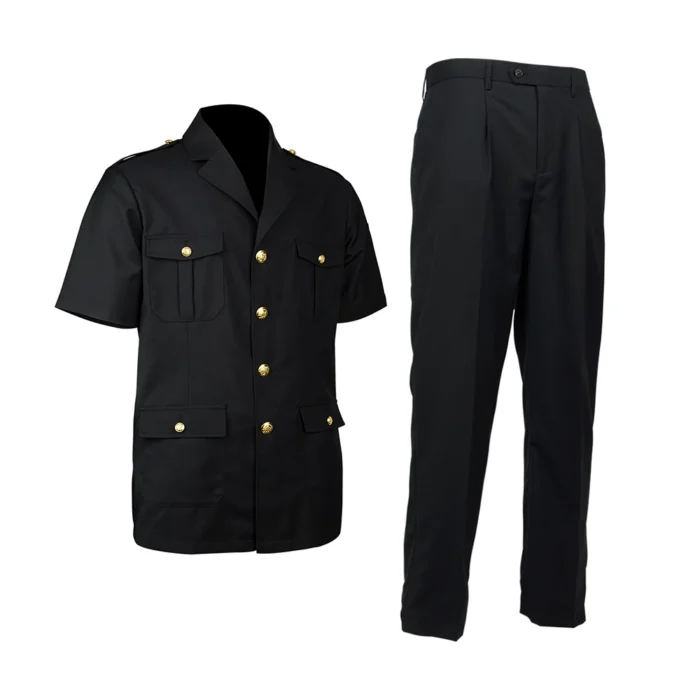 Black short sleeve security guard uniform set including shirt and trousers, designed for daily security duty and team uniforms.
