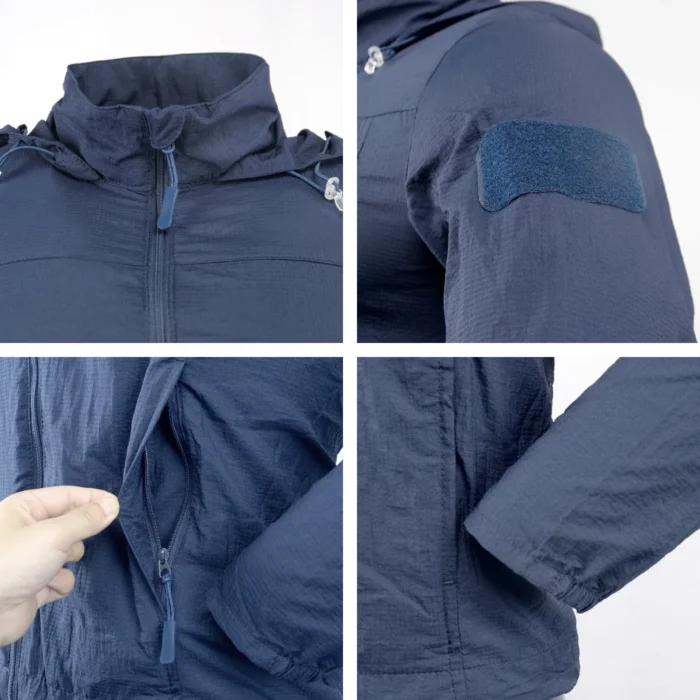 Detailansicht der schnelltrocknenden taktischen Jacke mit leichtem Stoff, leichtgängigem Reißverschluss, verstellbaren Bündchen und Klettflächen für professionelle taktische Einsätze und Sicherheitsdienste.