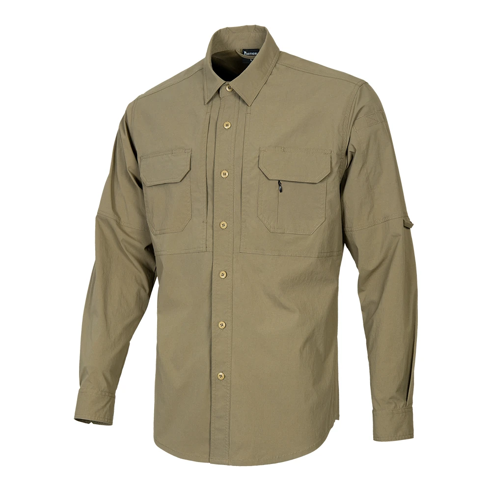 Khaki Tactical Long Sleeve Shirt Front View – Military & Outdoor Uniform