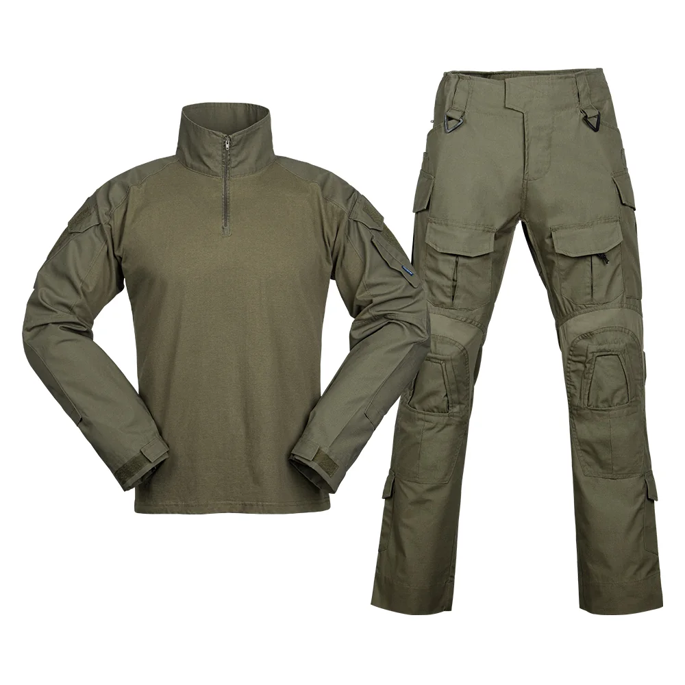 Advanced tactical security uniform in green color featuring G3-style combat shirt and cargo pants for professional guard and contracted security teams.
