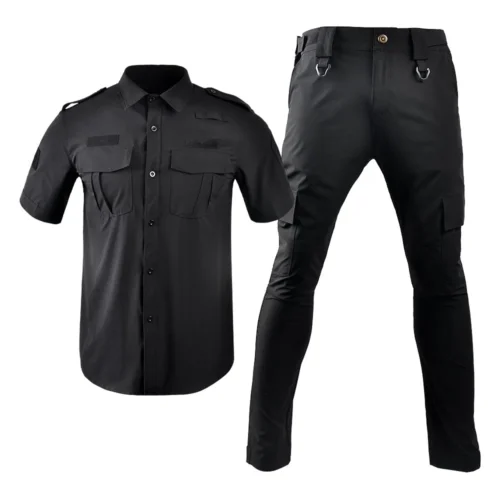 Security uniform shown in black front view, including short sleeve shirt and tactical-style pants for professional security teams.
