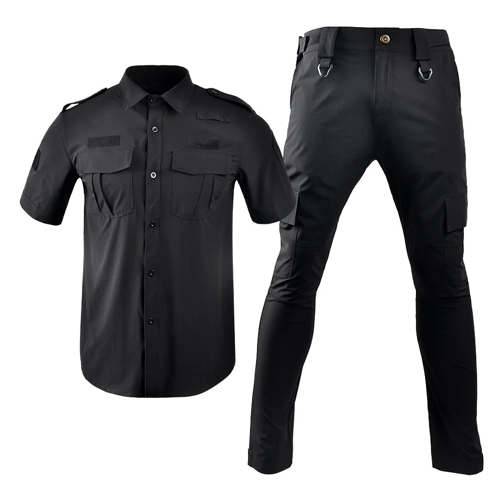 Security uniform shown in black front view, including short sleeve shirt and tactical-style pants for professional security teams.