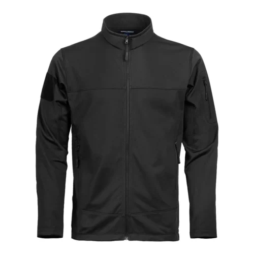 Front view of black tactical fleece jacket with full zipper closure, stand-up collar, and functional pockets designed for tactical and security uniforms.