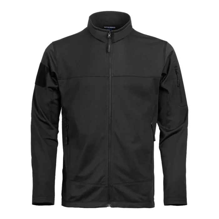 Tactical Fleece Jacket Front View – Black Tactical Uniform Jacket Front view of black tactical fleece jacket with full zipper closure, stand-up collar, and functional pockets designed for tactical and security uniforms.