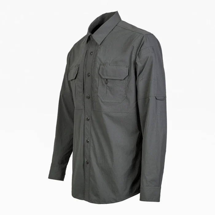 Grey Tactical Long Sleeve Shirt Angled View – Lightweight Combat Shirt