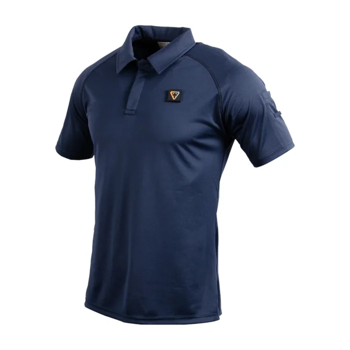 Tactical Polo Shirt shown in navy side view featuring structured fit and sleeve construction for tactical and duty movement.