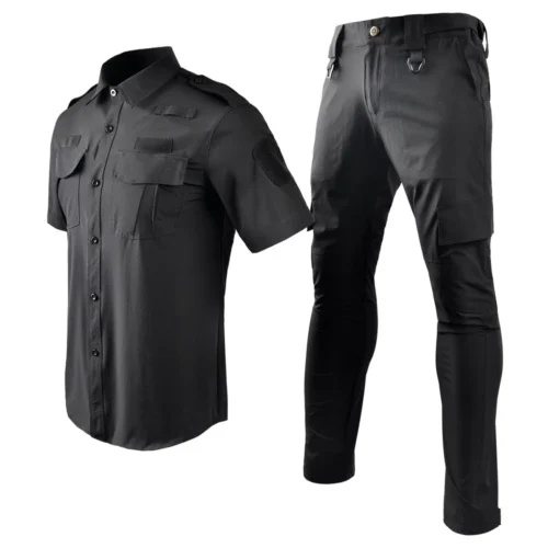 Security uniform shown in front side view, highlighting functional fit, pocket placement and ergonomic design for security personnel.