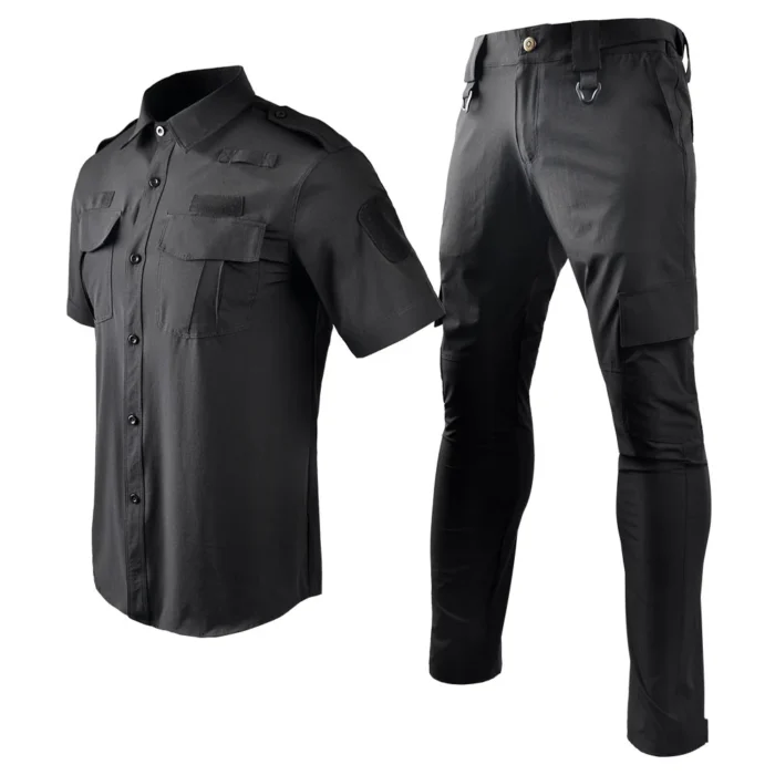 Security uniform shown in front side view, highlighting functional fit, pocket placement and ergonomic design for security personnel.