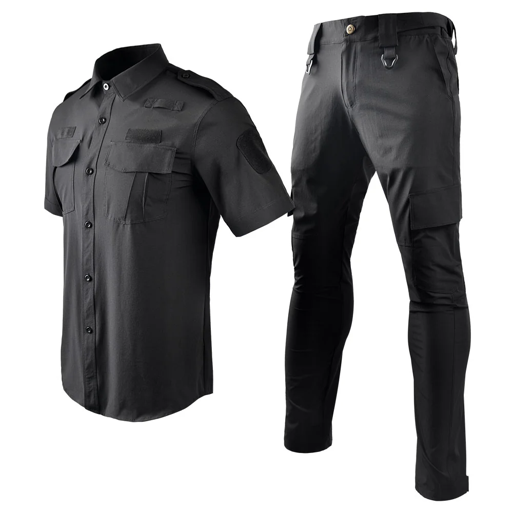 Security uniform shown in front side view, highlighting functional fit, pocket placement and ergonomic design for security personnel.