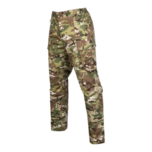 CP camouflage tactical cargo pants displayed at a left 45-degree angle, showing functional cargo pockets and rugged design. Suitable for military, outdoor, and tactical wholesale programs.