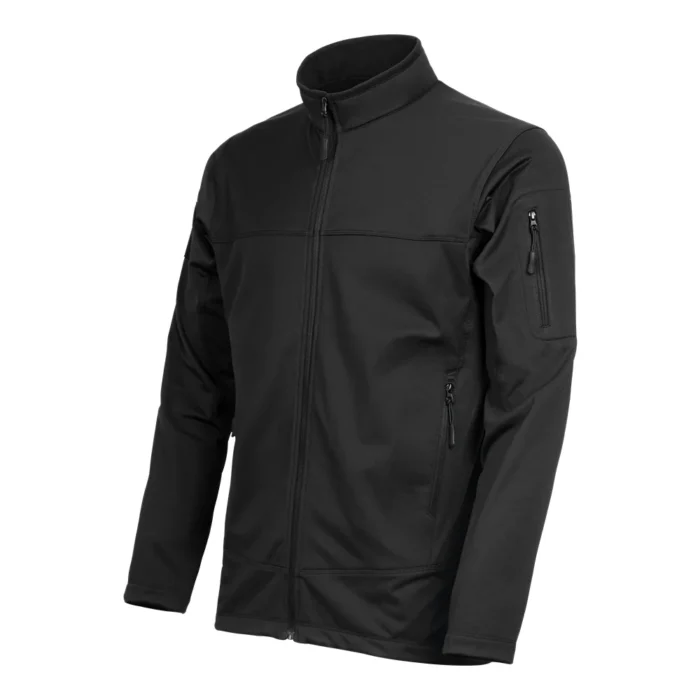 Black tactical fleece jacket shown in front angled view, featuring full-zip design, stand collar, and utility sleeve pockets for tactical and security use.