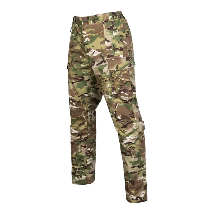 CP camouflage tactical cargo pants displayed at a left 45-degree angle, showing functional cargo pockets and rugged design. Suitable for military, outdoor, and tactical wholesale programs.