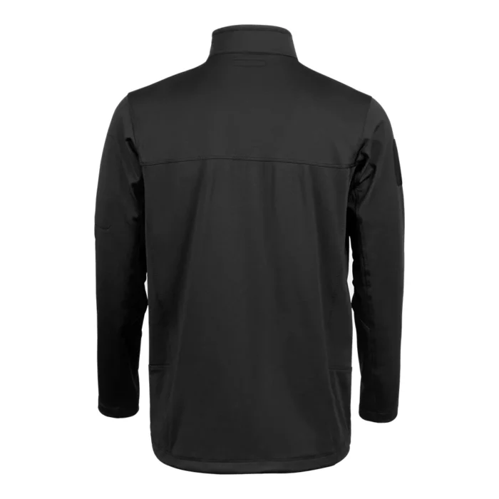 Back view of black tactical fleece jacket showing clean structure, reinforced seams, and ergonomic design for security uniforms and tactical teams.