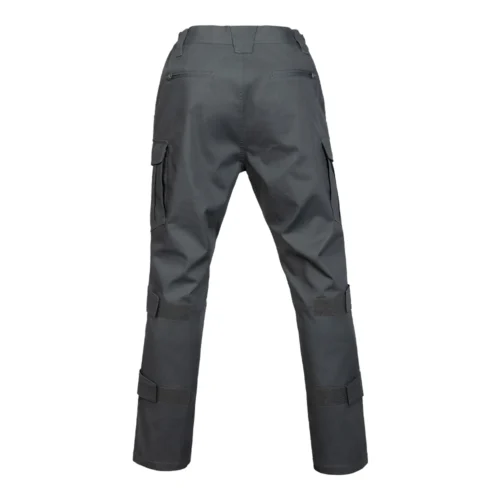 Back view of dark grey tactical cargo pants highlighting durable fabric, rear pocket layout, and ergonomic cut. Ideal for tactical, security, and workwear wholesale buyers.