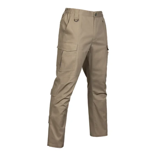 Khaki tactical cargo pants shown at a 45-degree side angle, featuring multiple cargo pockets and reinforced construction. Designed for professional use, suitable for wholesale and OEM supply.