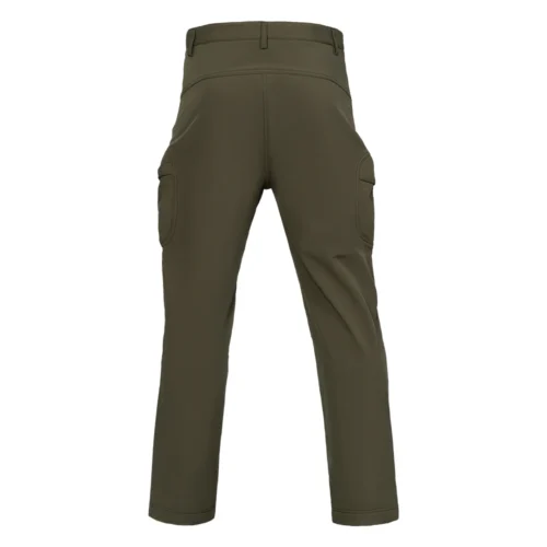Deep green softshell hiking pants back view showing ergonomic cut and reinforced seat