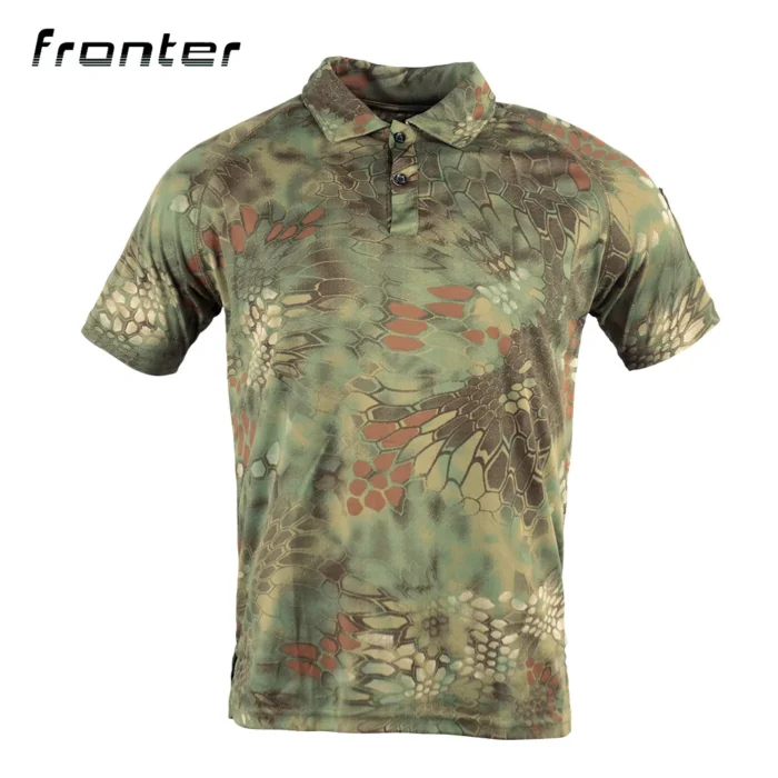 Tactical Polo Shirt shown in mountain python camouflage front view featuring tactical pattern design and durable breathable fabric.