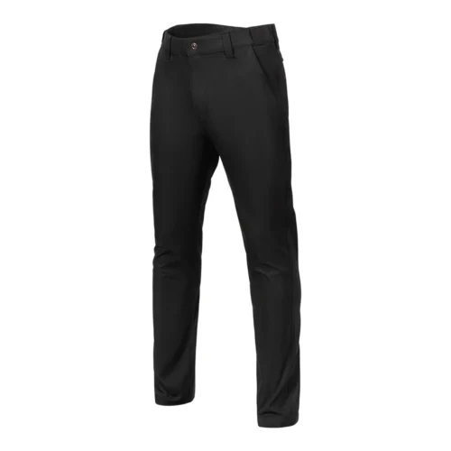 Black outdoor hiking pants front side view highlighting flexible fit and outdoor-ready construction