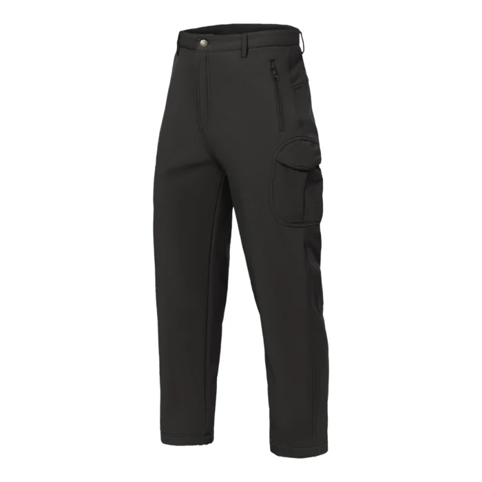 Black softshell hiking pants front side view with articulated knees and outdoor design