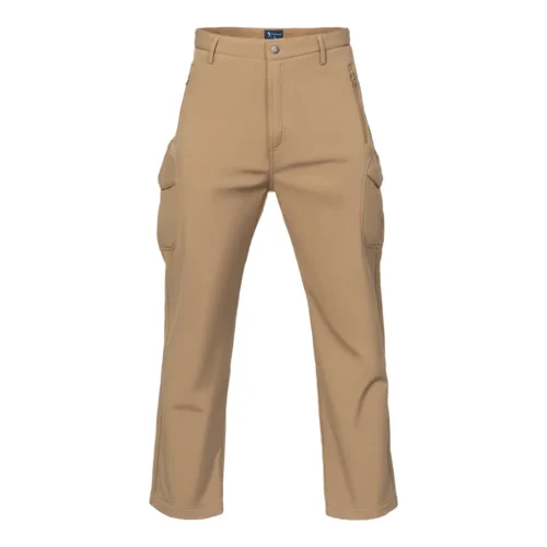 Khaki softshell hiking pants front view featuring stretch fabric and ergonomic outdoor fit