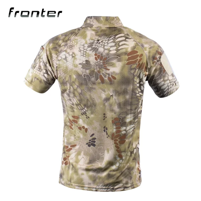 Tactical Polo Shirt shown in desert python camouflage back view featuring reinforced back construction and breathable fabric structure.