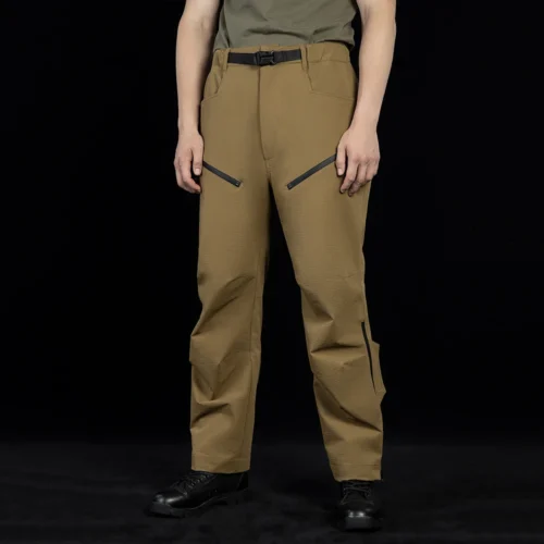 Front side view of outdoor cargo pants showing ergonomic cut, functional pocket layout, and streamlined silhouette for tactical and outdoor operations.