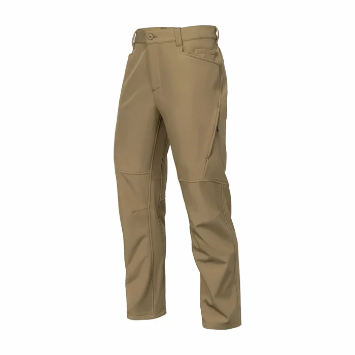 Front view of lightweight tactical pants in khaki color, featuring a streamlined fit, reinforced knee panels, and breathable fabric, designed for outdoor operations, training, and tactical use.