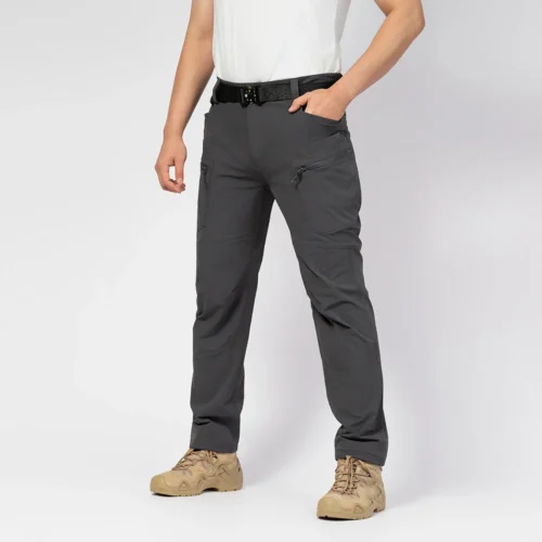 Gray tactical cargo pants front side view showing modern tactical cut, stretch fabric and functional cargo pockets